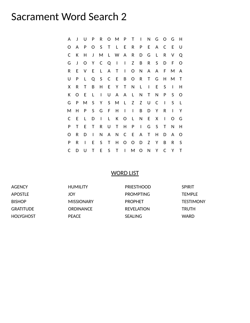 Sacrament word search with religious words like temple, priesthood, sealing, and missionary.