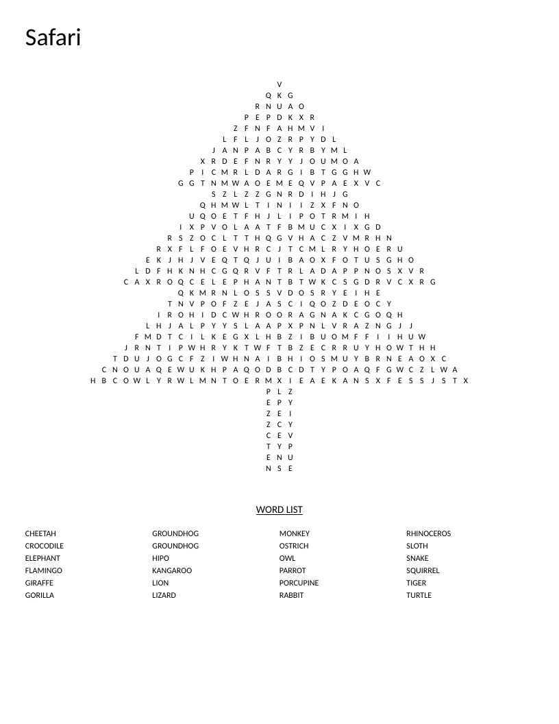 Tree-shaped safari word search with animals like lion, giraffe, and crocodile.