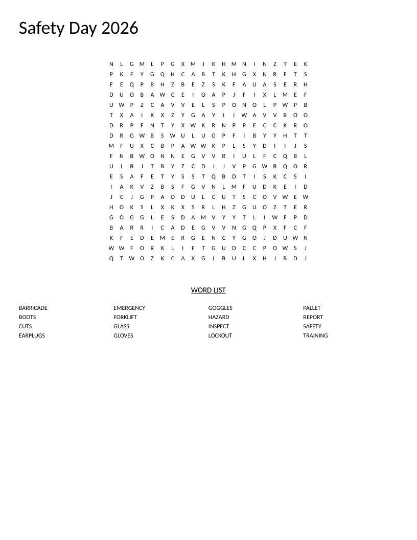 Workplace safety word search with terms like goggles, earplugs, lockout, and barricade.