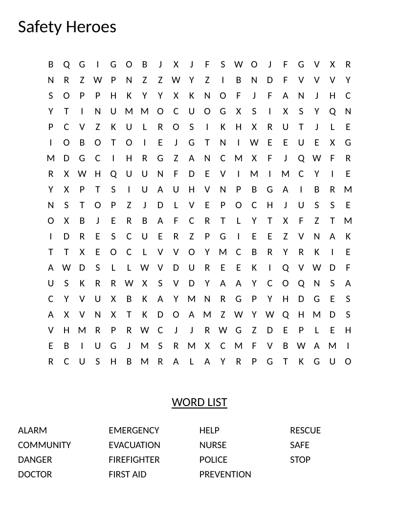 Safety Heroes word search featuring community helpers like firefighter, police, and nurse.