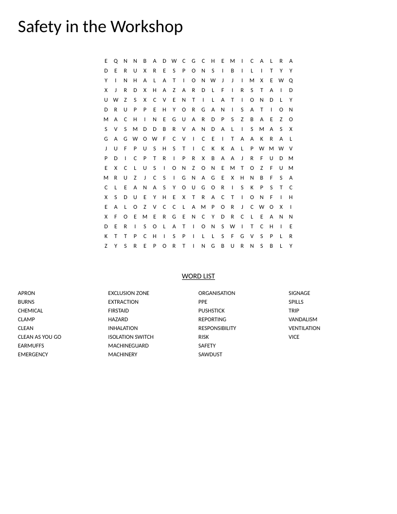 Workshop safety word search with vocabulary including PPE, machinery guard, and hazard awareness.