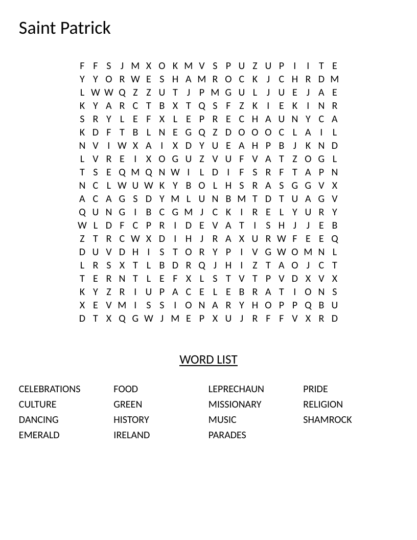 Saint Patrick's Day word search with words like shamrock, leprechaun, and parades.
