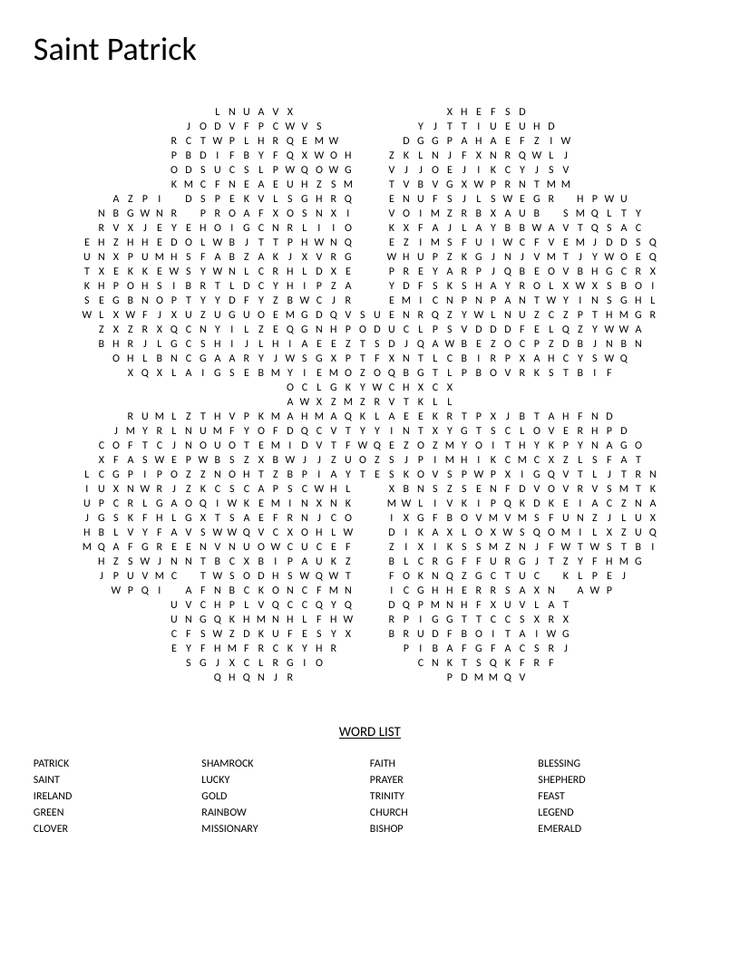 Clover-shaped Saint Patrick's Day word search with words like shamrock, trinity, and missionary.