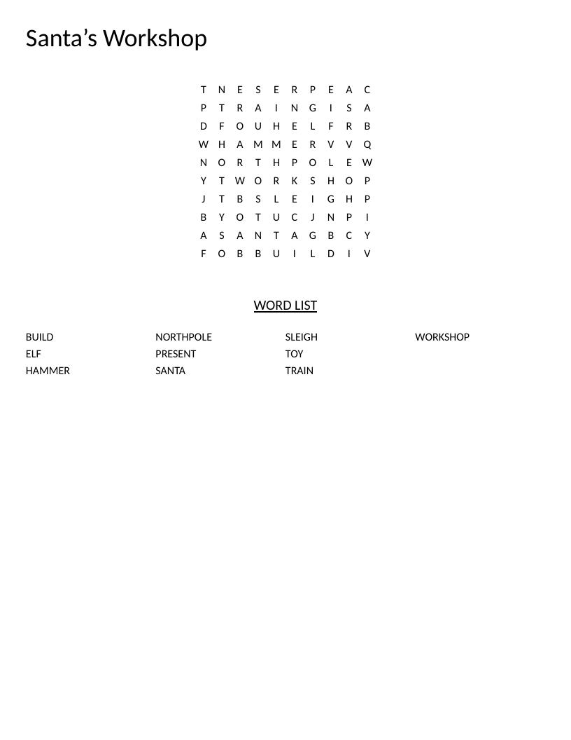 Santa's Workshop word search for early elementary with Christmas words like elf, toy, and sleigh.