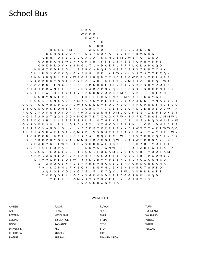 Pumpkin-shaped school bus word search with parts like transmission, radiator, and stop sign.