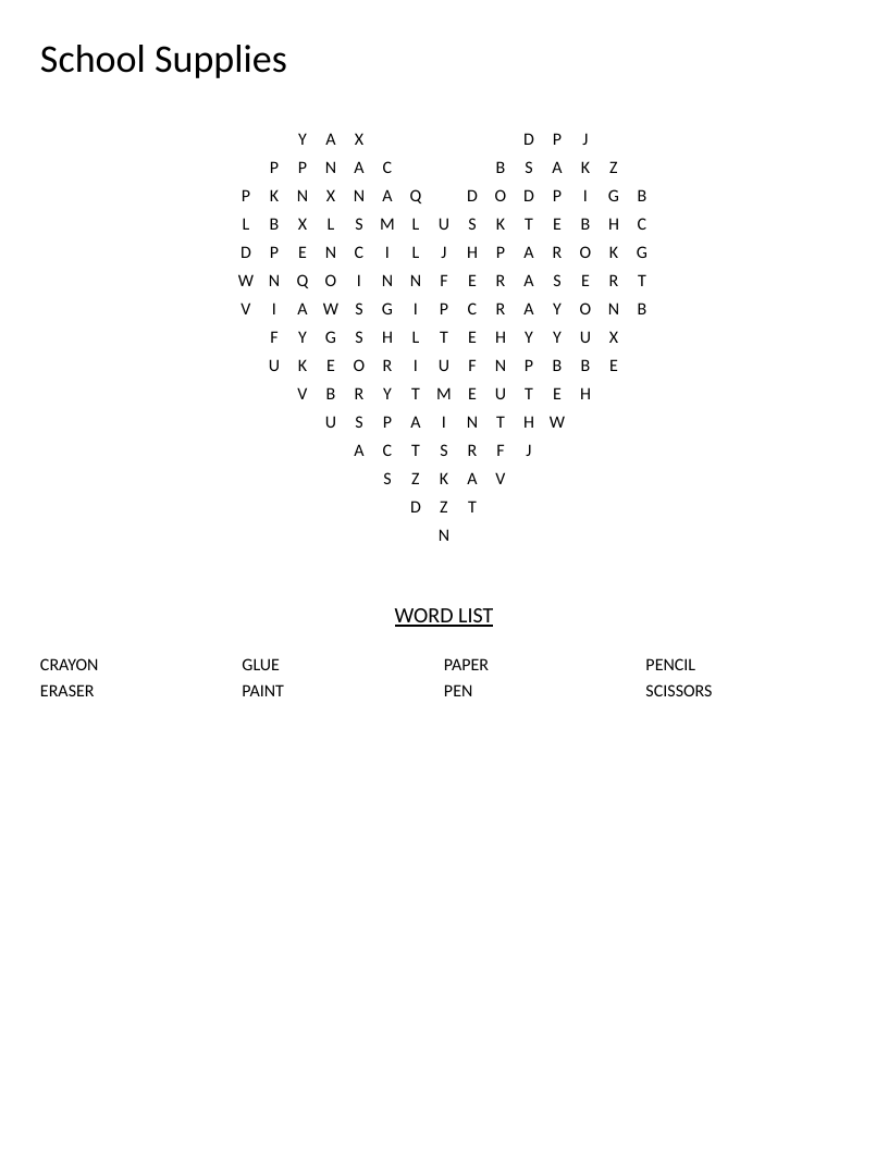 Heart-shaped school supplies word search with words like pencil, crayon, scissors, and glue.