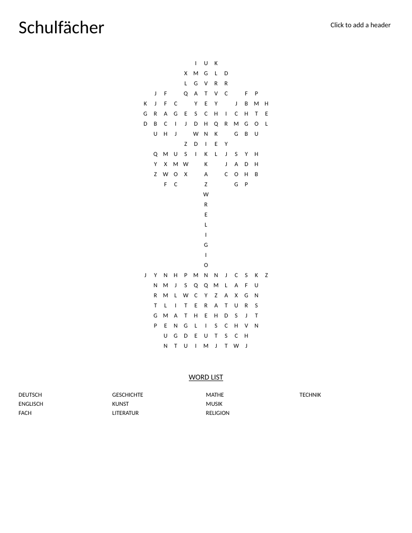 Flower-shaped German school subjects word search with words like Deutsch, Musik, and Kunst.