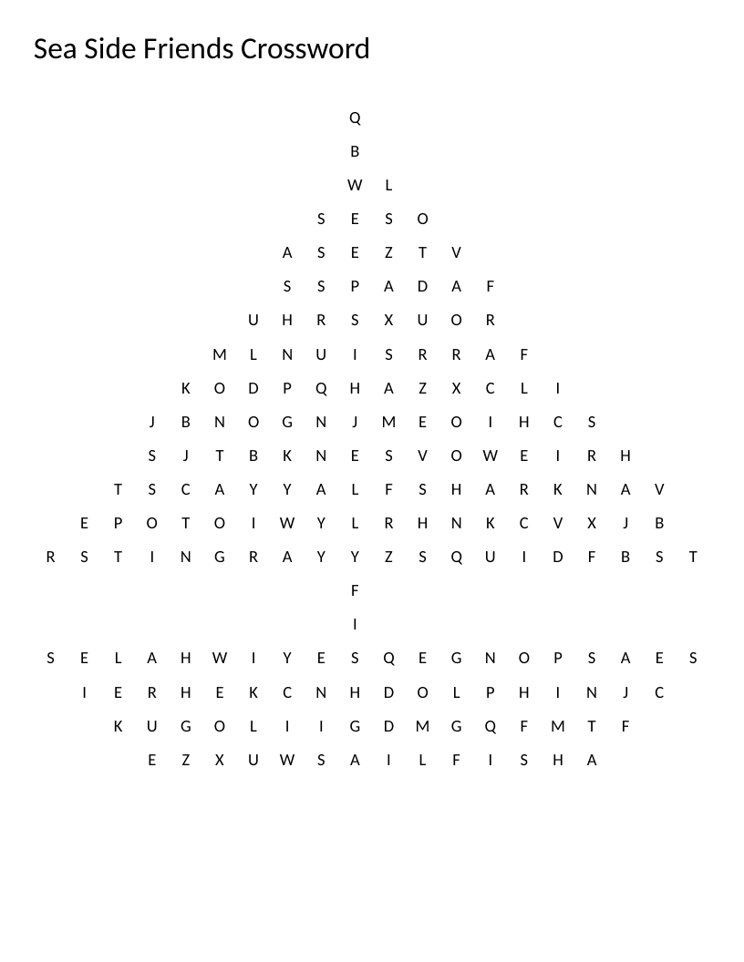 Boat-shaped ocean word search with sea creatures like whale, dolphin, octopus, and starfish.