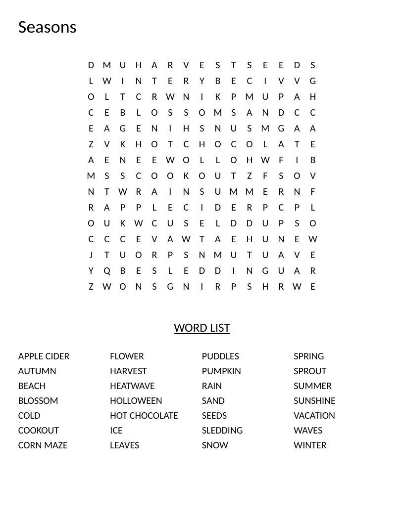 Seasons word search with words like blossom, pumpkin, snow, and sledding.