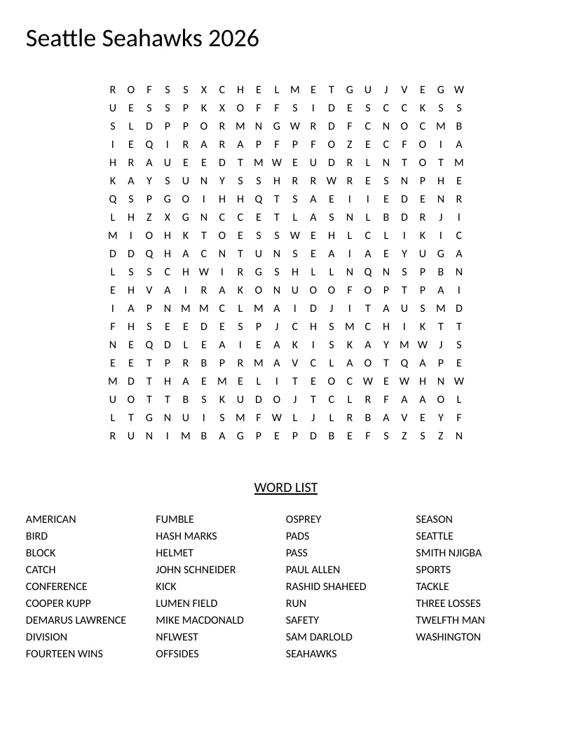 Seattle Seahawks word search with team and football vocabulary words.