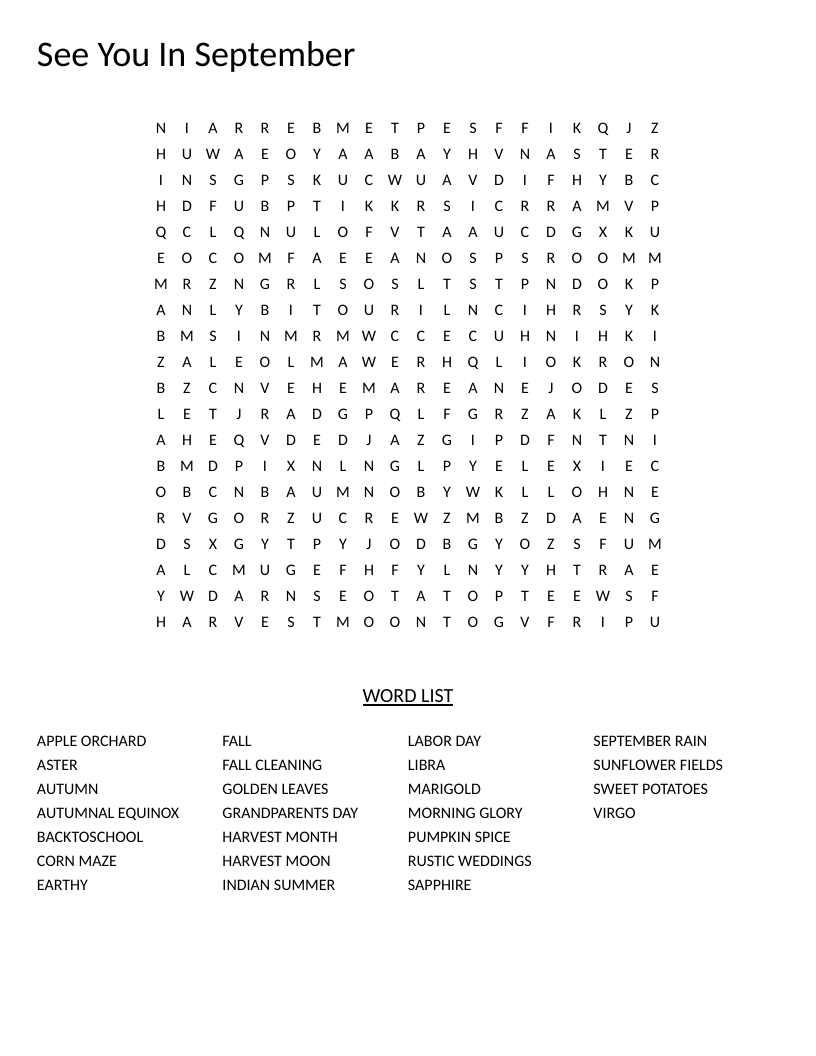September fall-themed word search with words like pumpkin spice, harvest moon, and apple orchard.