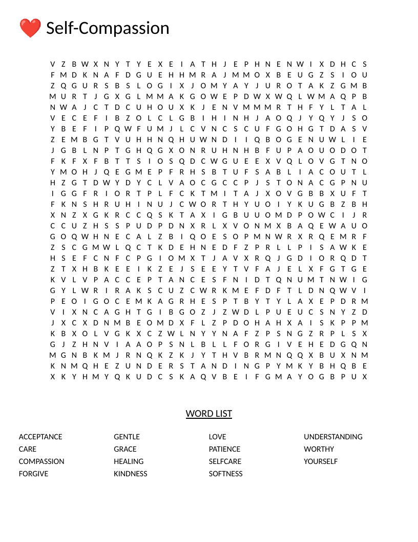 Self-compassion word search with words like kindness, healing, acceptance, and grace.