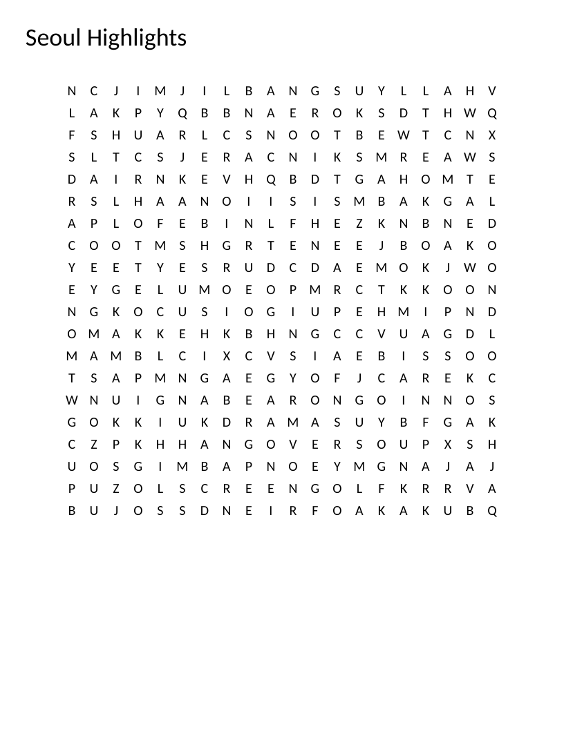 Seoul word search with Korean culture words: kimchi, K-pop, tteokbokki, hanbok, and more.