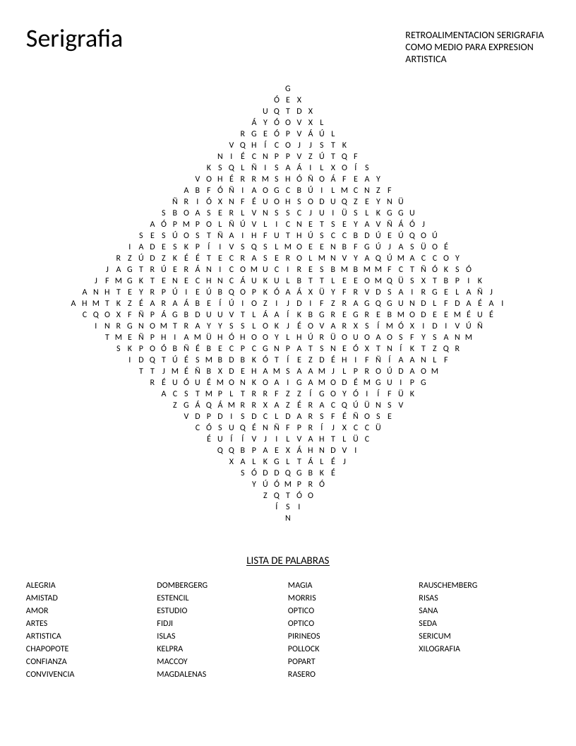Diamond-shaped Spanish serigrafia word search with printmaking terms and artist names.
