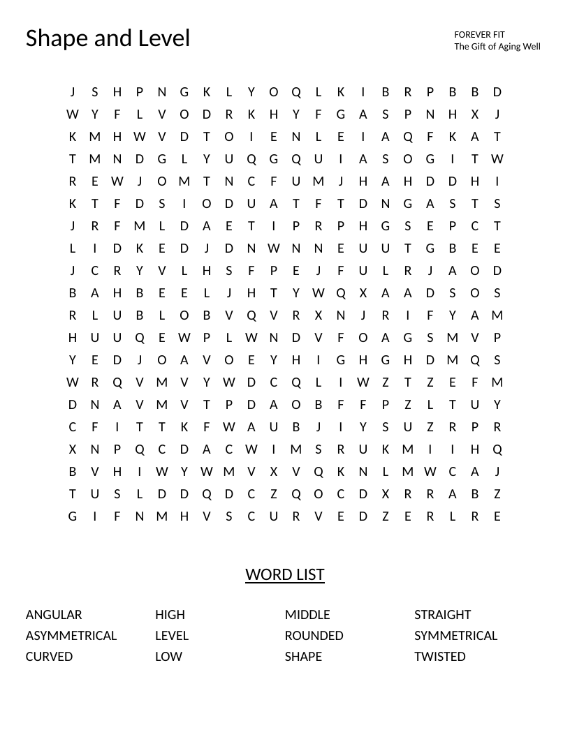 Geometry word search with words like shape, curved, symmetrical, and level for early elementary.