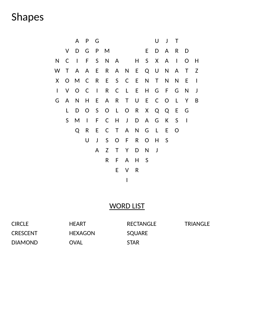 Shapes word search for early learners with words like circle, square, triangle, and star in a heart shape.