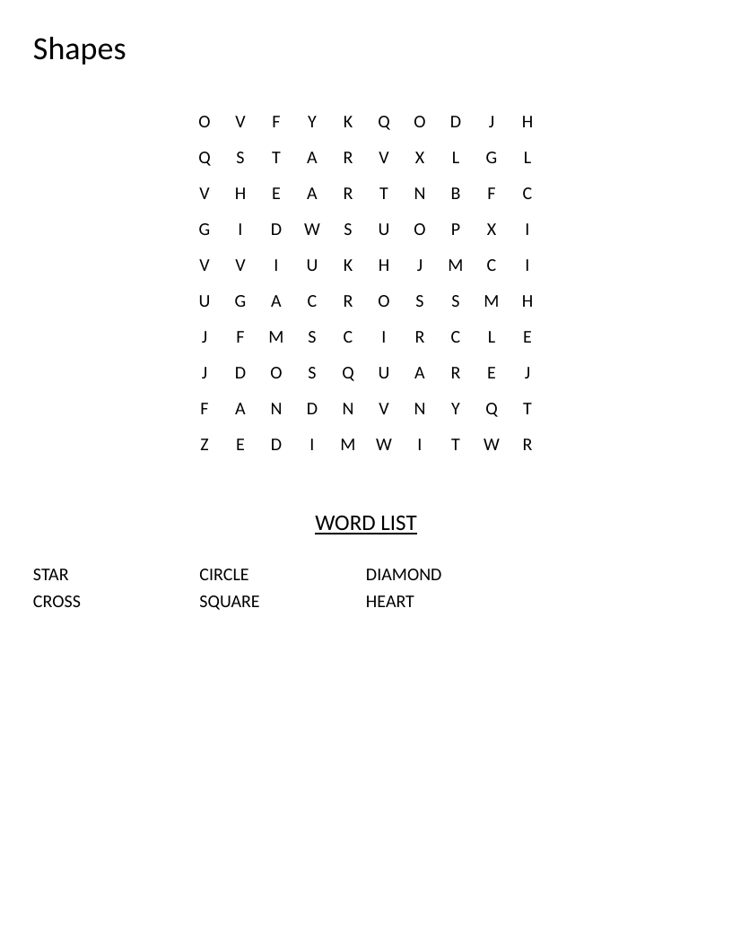 Shapes word search for young learners with star, circle, square, diamond, heart, and cross.