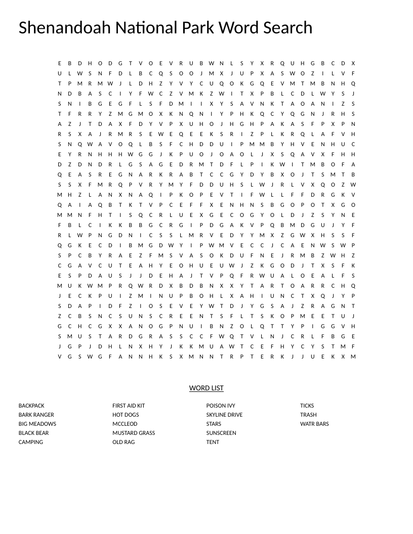 Shenandoah National Park word search with words like Skyline Drive, black bear, and camping.