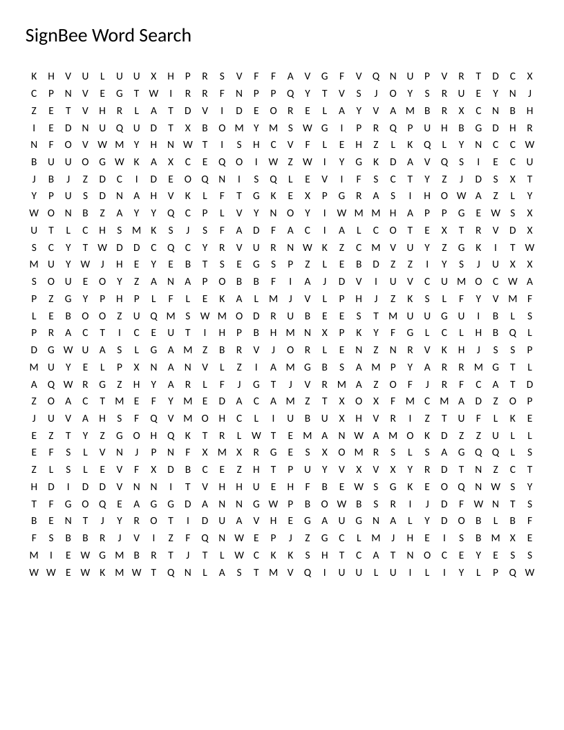 American Sign Language word search featuring vocabulary like eye contact, body language, and ASL numbers.
