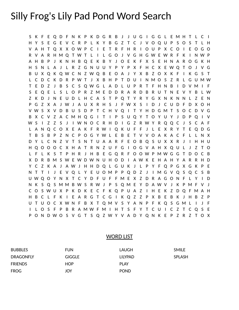 Silly Frog's Lily Pad Pond word search with words like frog, lilypad, splash, and dragonfly.