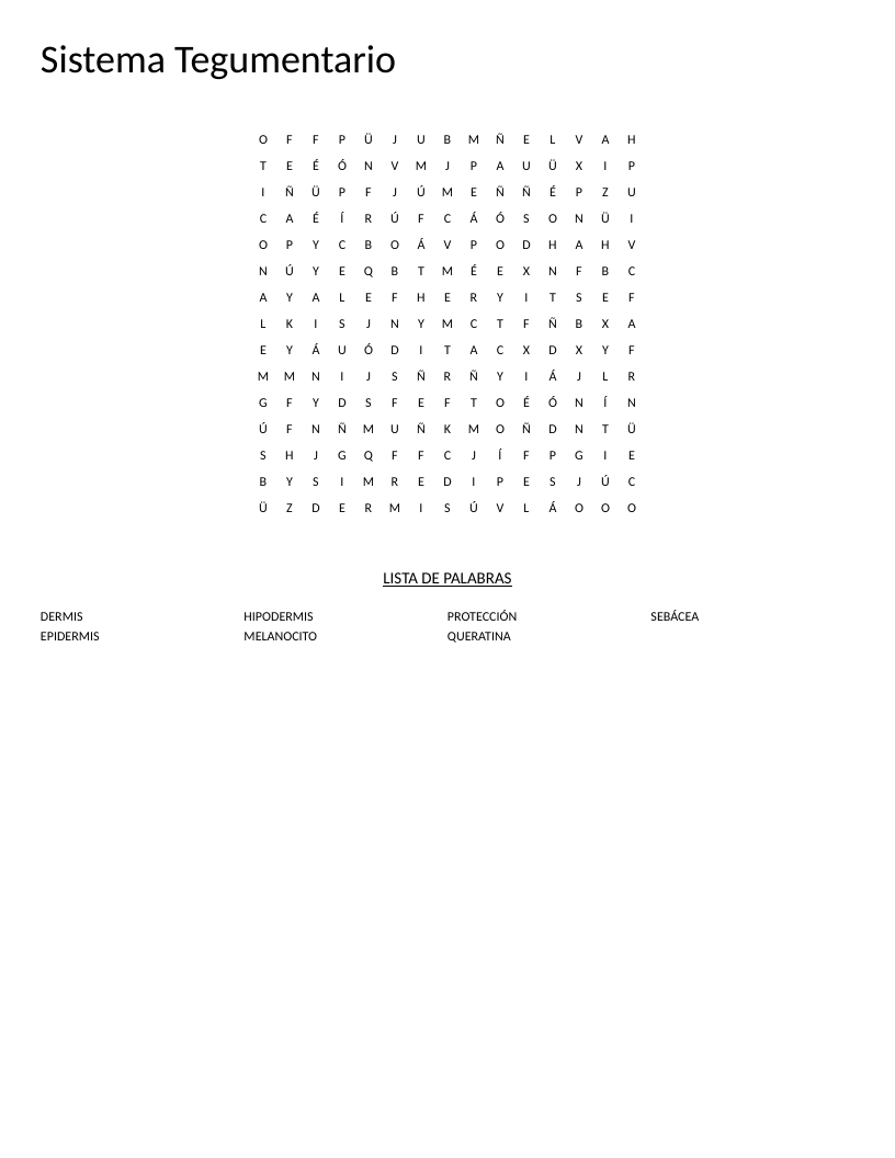 Spanish word search on the integumentary system with words like epidermis and melanocito.