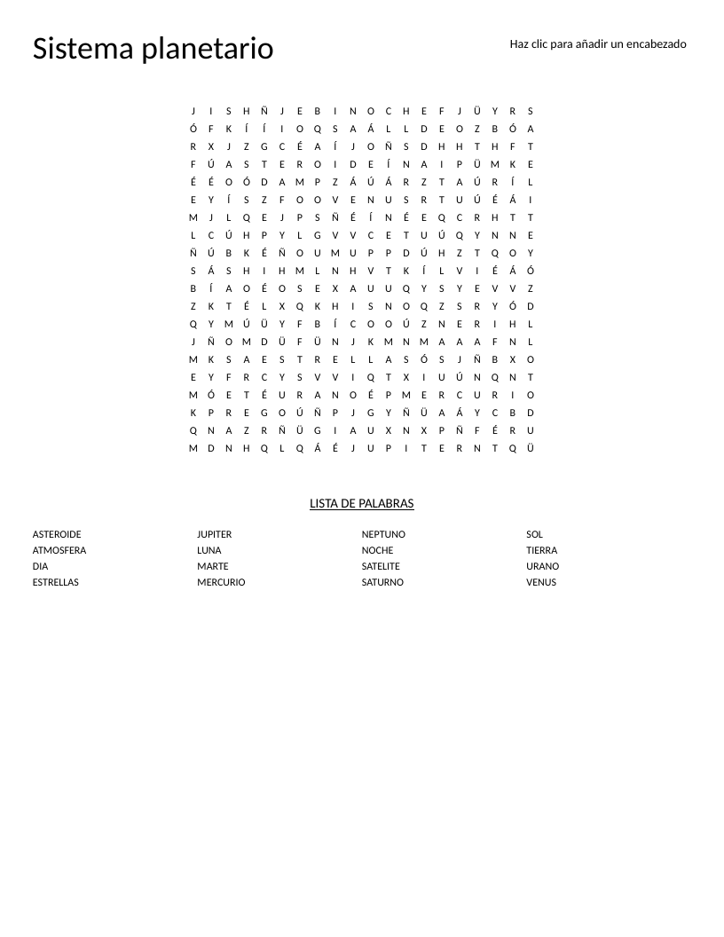 Spanish solar system word search with planets Mercurio, Venus, Tierra, Marte, Jupiter, Saturno, Urano, and Neptuno.
