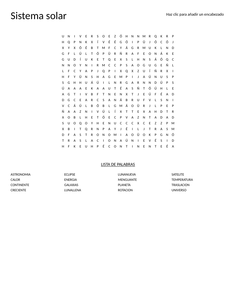 Spanish solar system word search with astronomy words like planeta, eclipse, and galaxias.