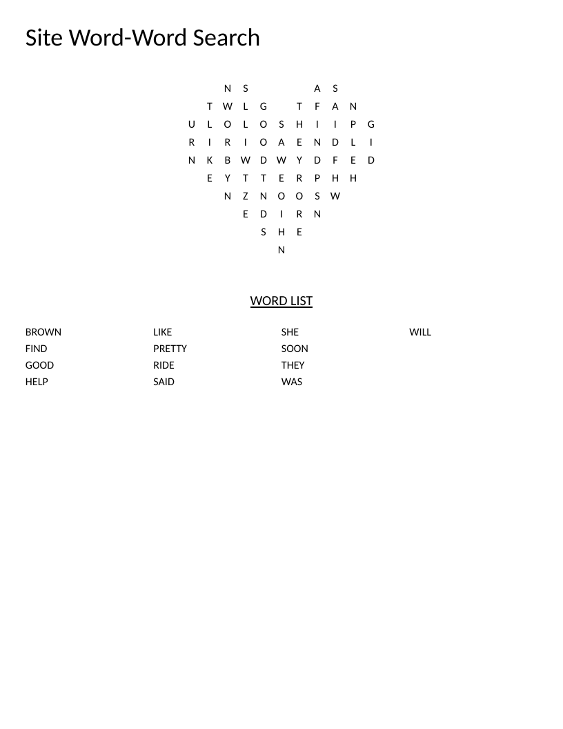 Heart-shaped sight-words word search with early-reader vocabulary like was, she, and pretty.
