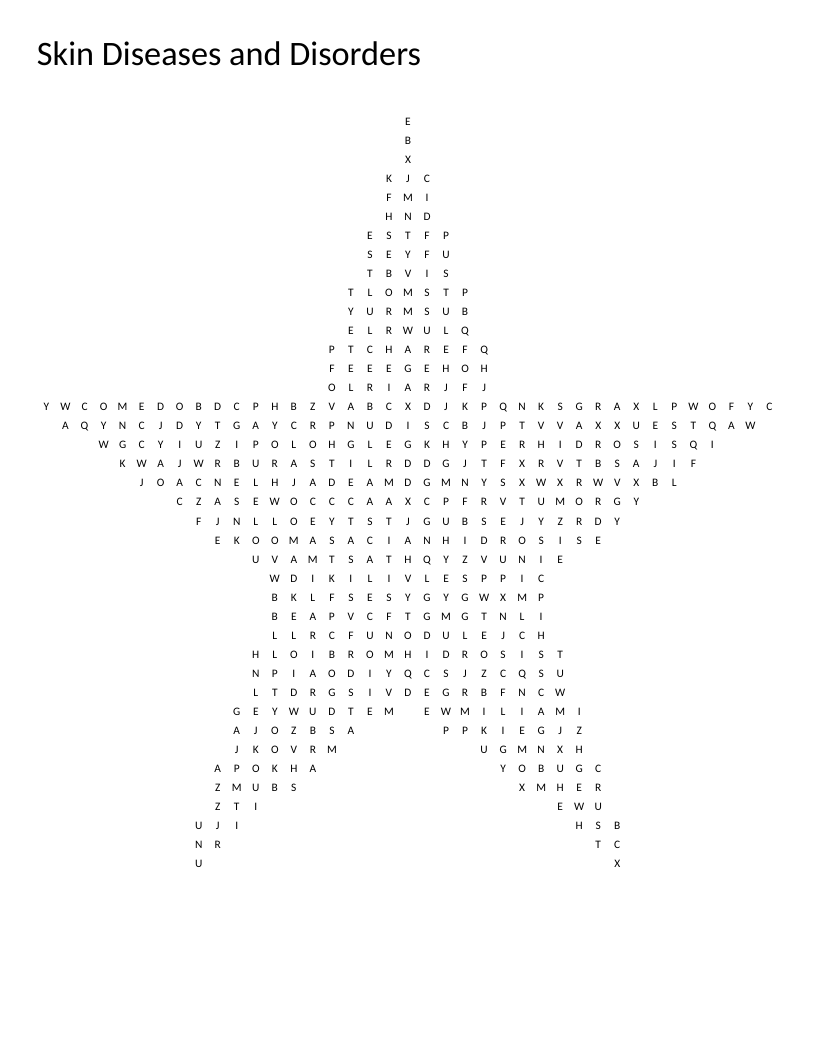 Star-shaped dermatology word search with medical terms including papule, pustule, rosacea, and acne.
