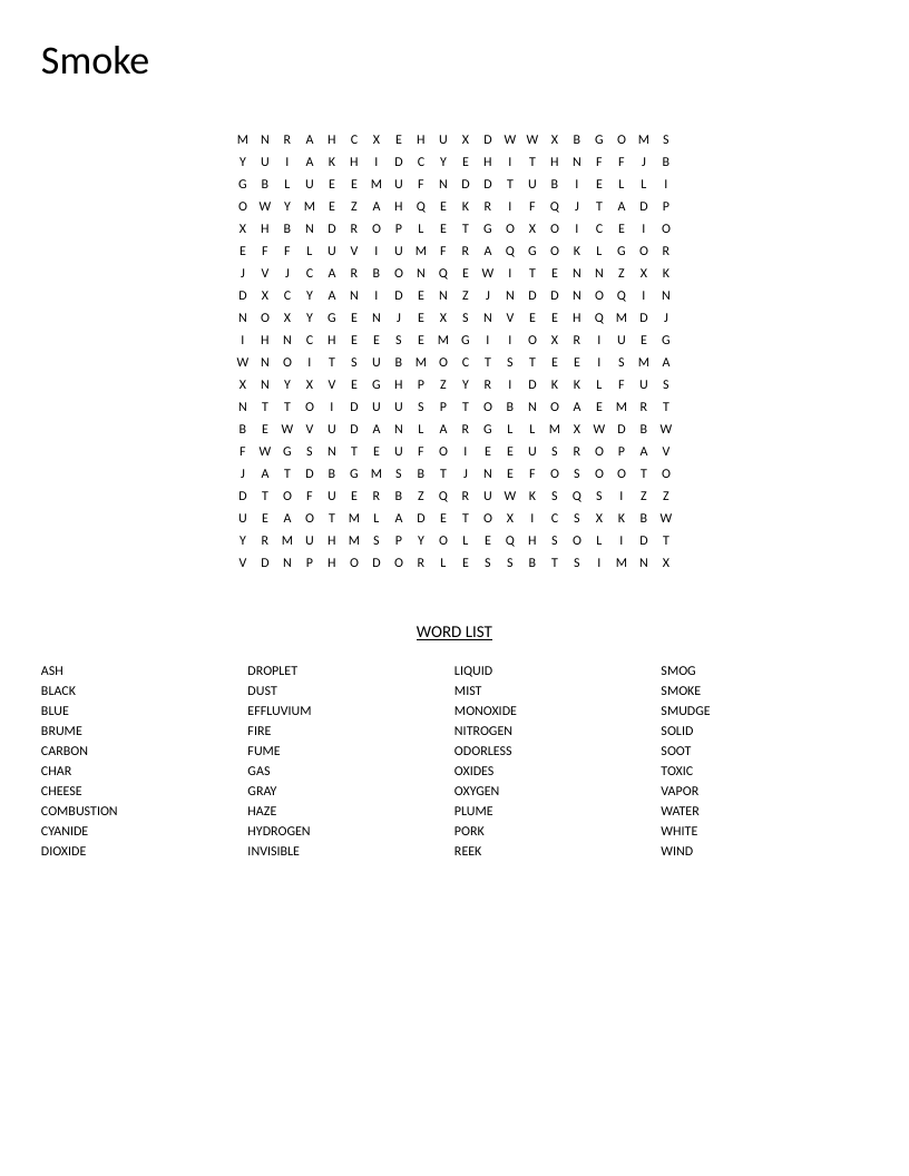 Smoke and combustion word search with chemistry vocabulary like carbon dioxide and oxygen.