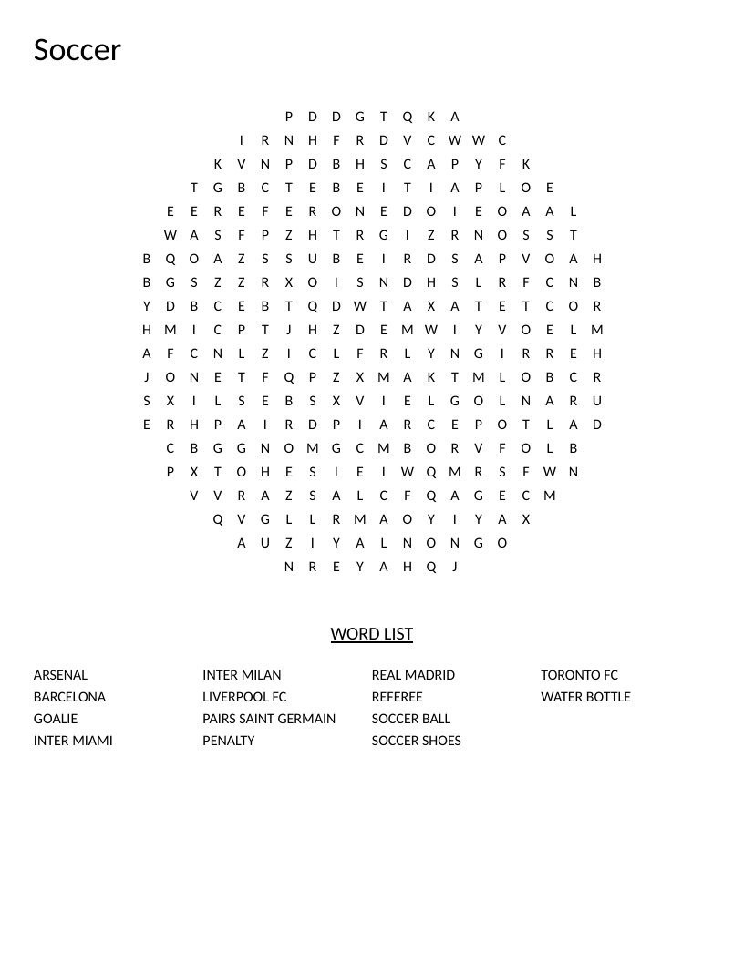 Circular soccer word search with professional teams like Barcelona, Real Madrid, and Liverpool.