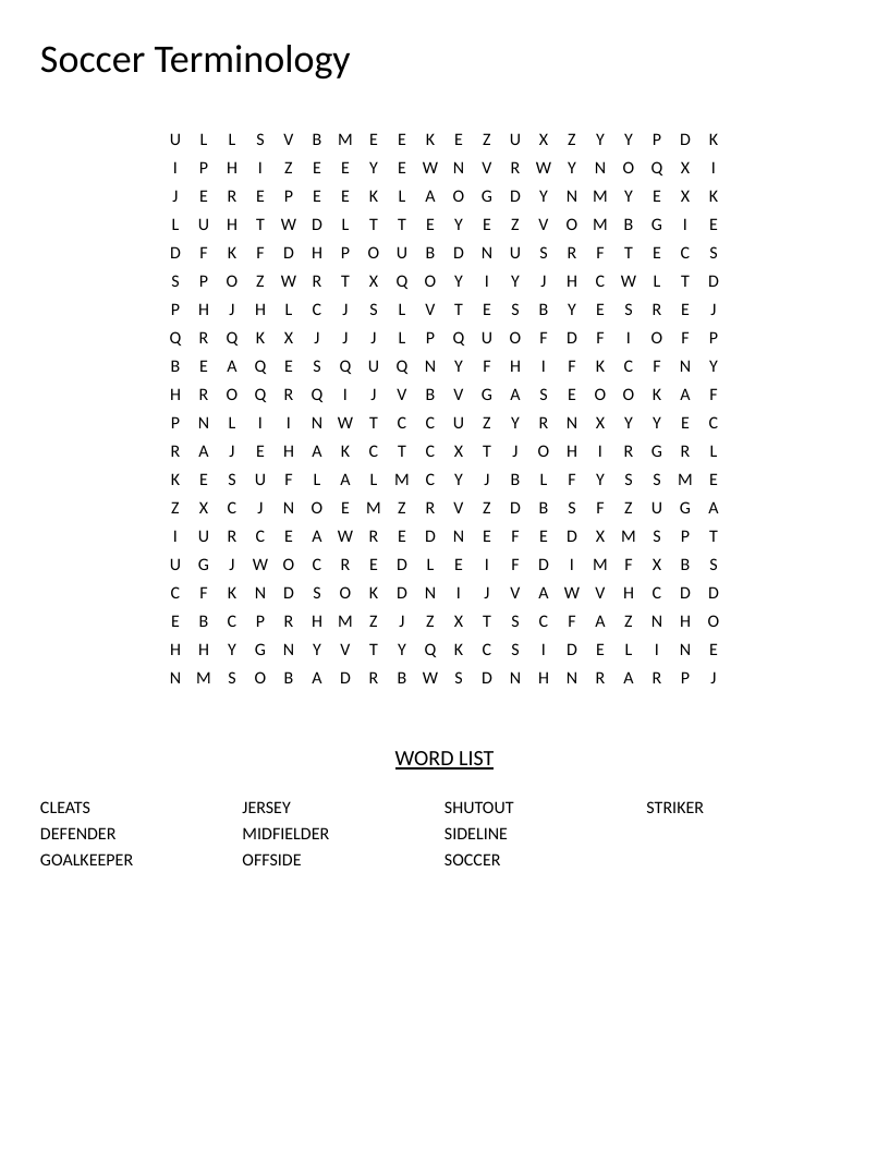 Soccer word search with terminology including goalkeeper, midfielder, and offside.