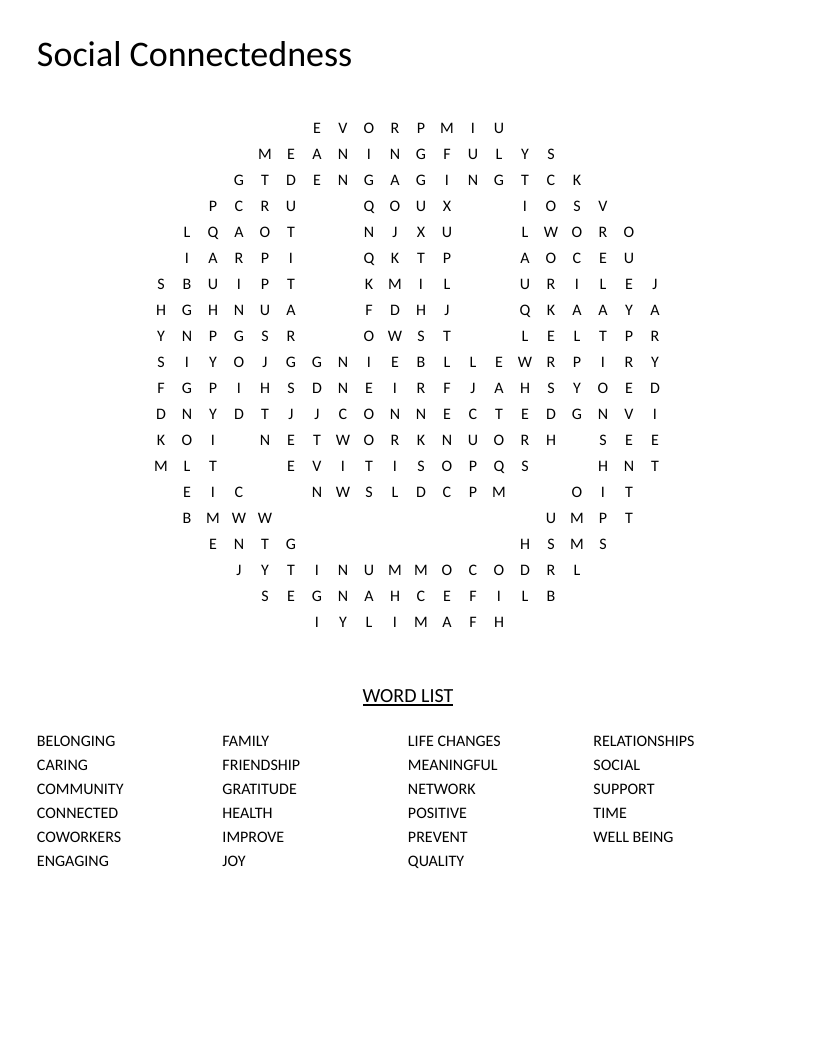 Smiley-shaped social connectedness word search with terms like support, belonging, and wellbeing.
