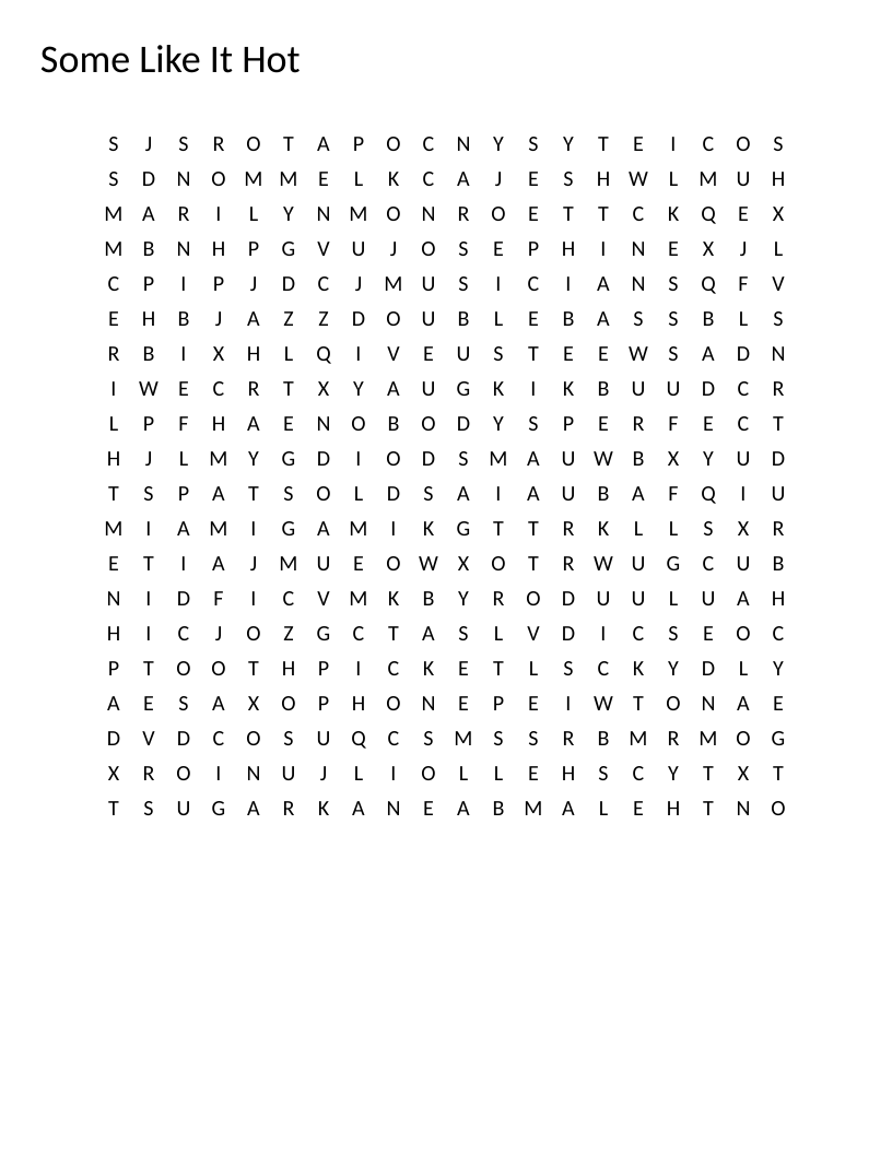 Some Like It Hot word search with Marilyn Monroe, Tony Curtis, and Billy Wilder vocabulary.