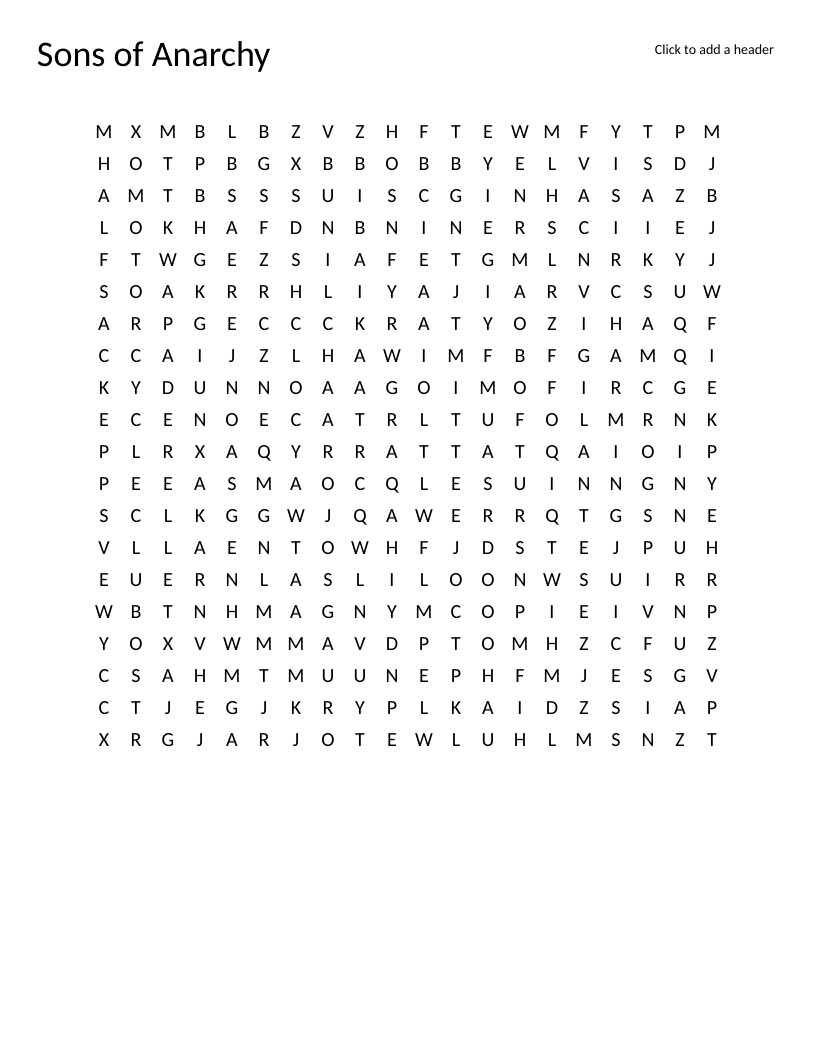 Sons of Anarchy word search featuring character and gang names including Jax Teller and SAMCRO.