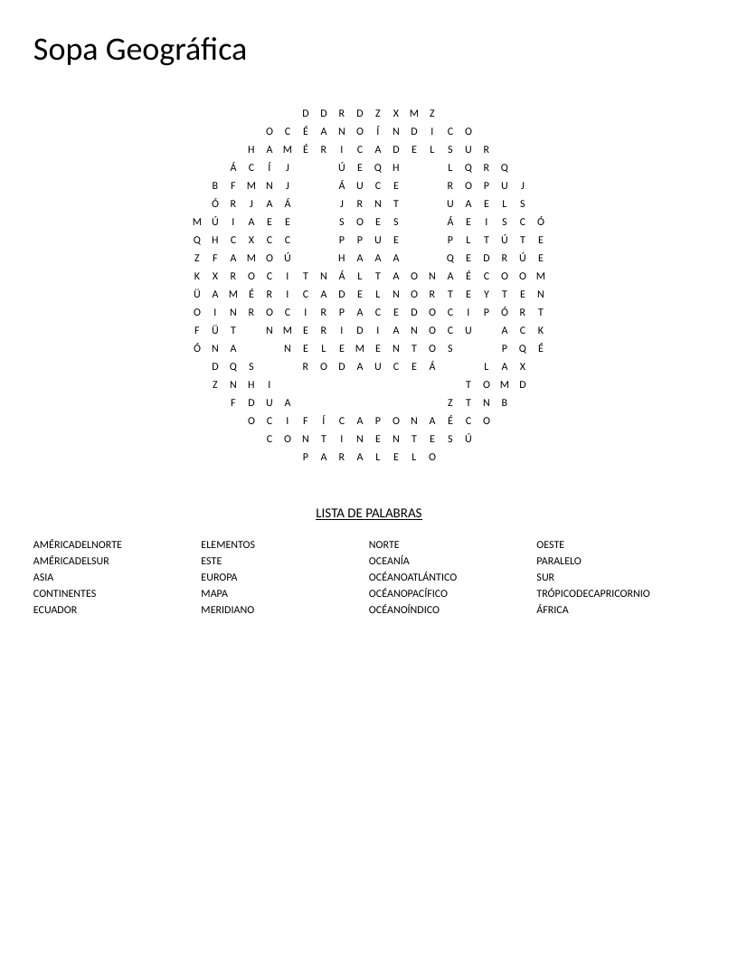 Spanish geography word search with continents, oceans, and latitude lines in a smiley-face shape.