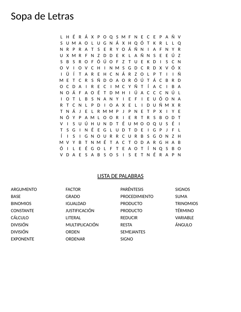 Spanish algebra word search with mathematical vocabulary like variable, exponente, and trinomios.