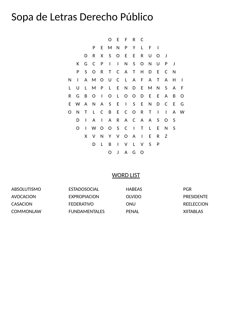 Circular Spanish public law word search with terms like absolutismo and expropiación.