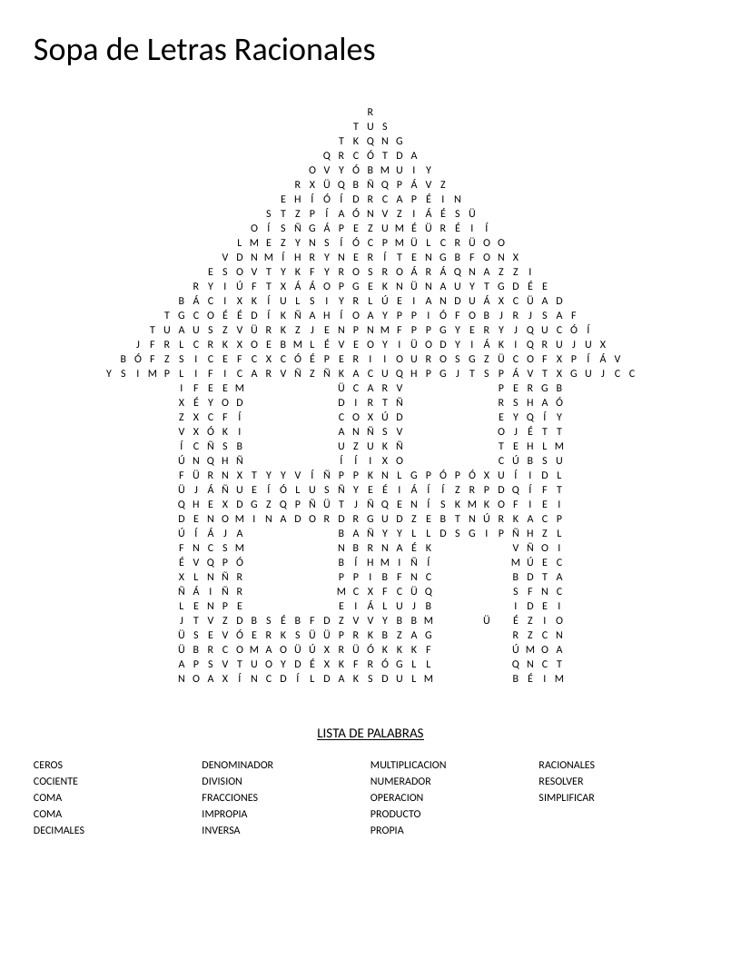 Spanish rational numbers word search with math vocabulary including fracciones and denominador.