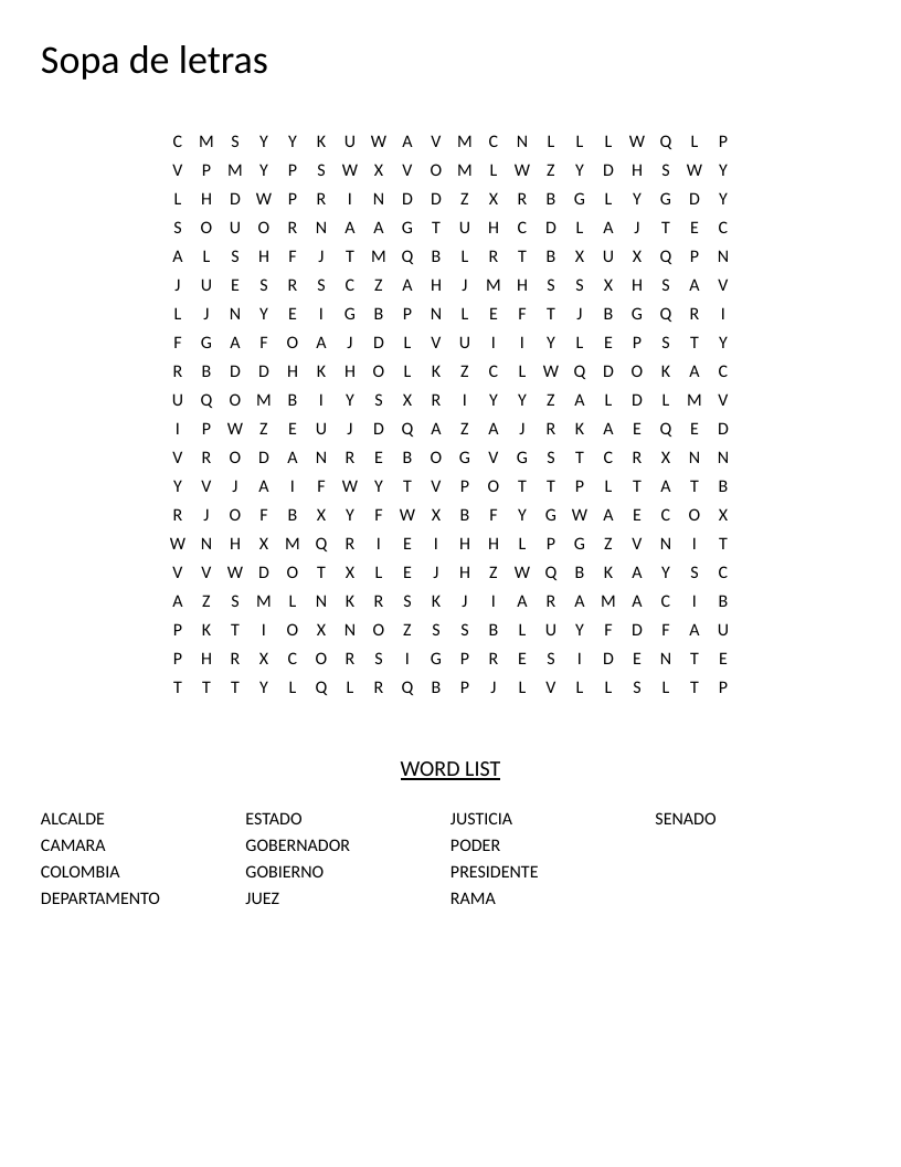 Spanish word search on Colombian government with words like gobernador, senado, and justicia.