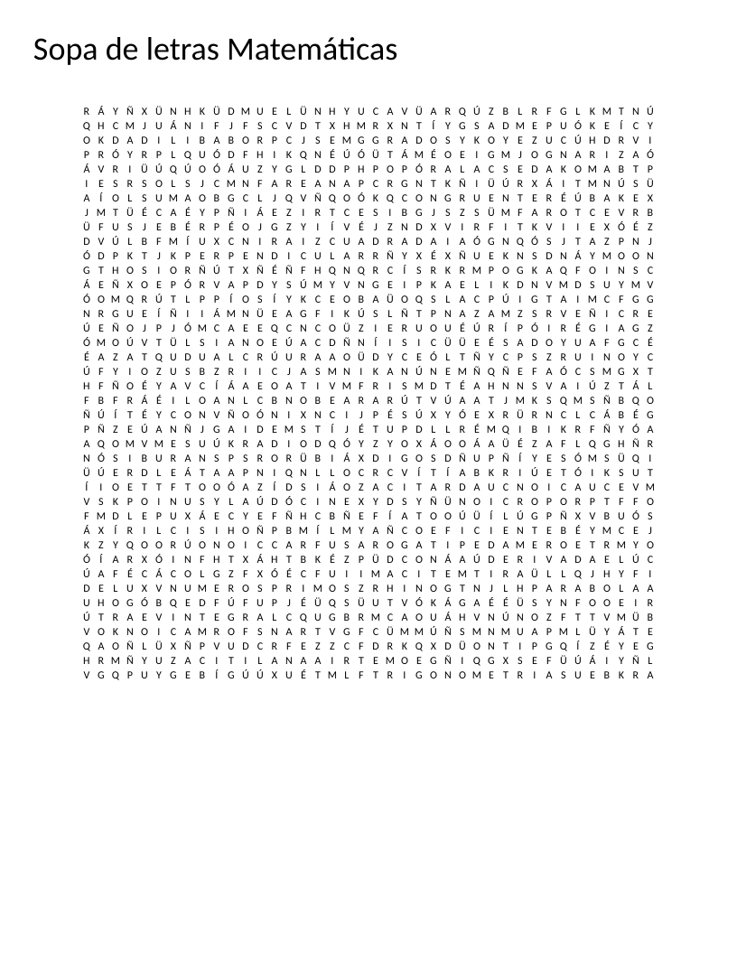 Spanish mathematics word search with high school algebra, geometry, and calculus vocabulary.