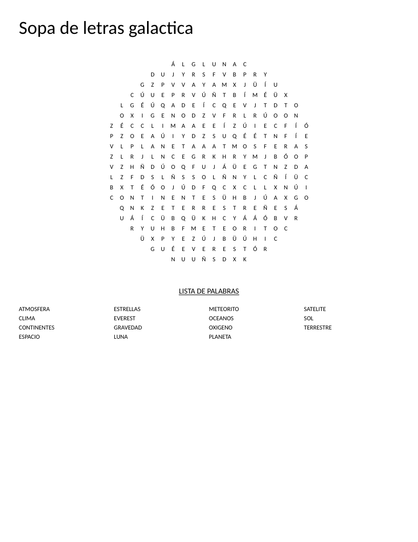 Circular Spanish space word search with astronomy words like planeta, estrellas, and satelite.