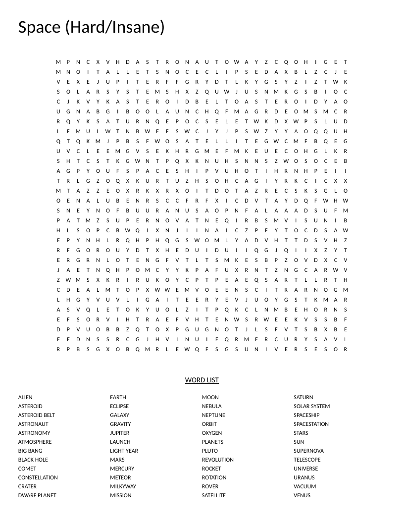 Challenging space word search with 48 astronomy terms including planets, stars, and black holes.