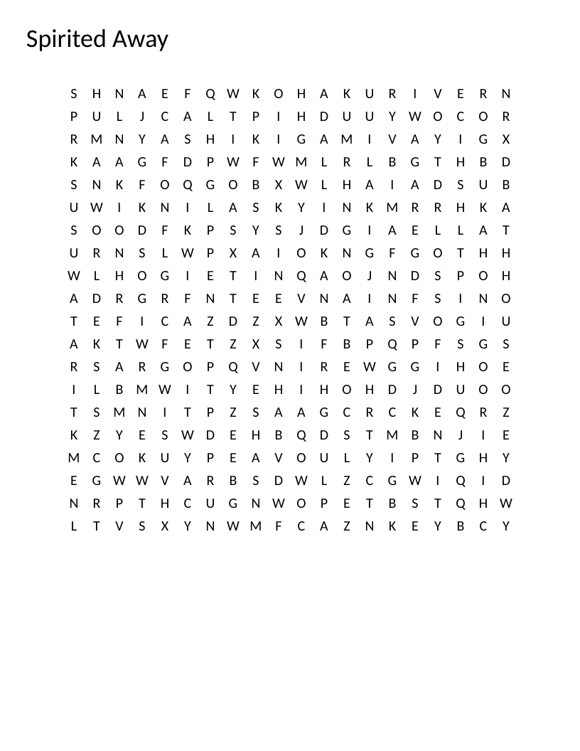 Spirited Away word search with Studio Ghibli characters like Yubaba, Haku, and No-Face.