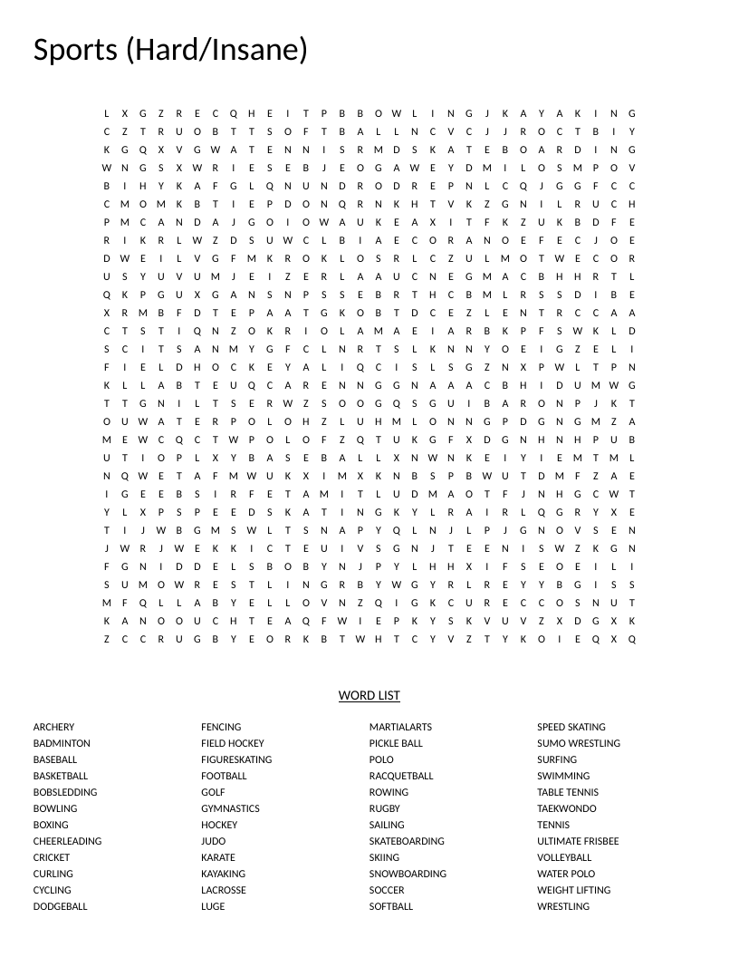 Sports word search with Olympic and athletic activities including figure skating, martial arts, and bobsledding.
