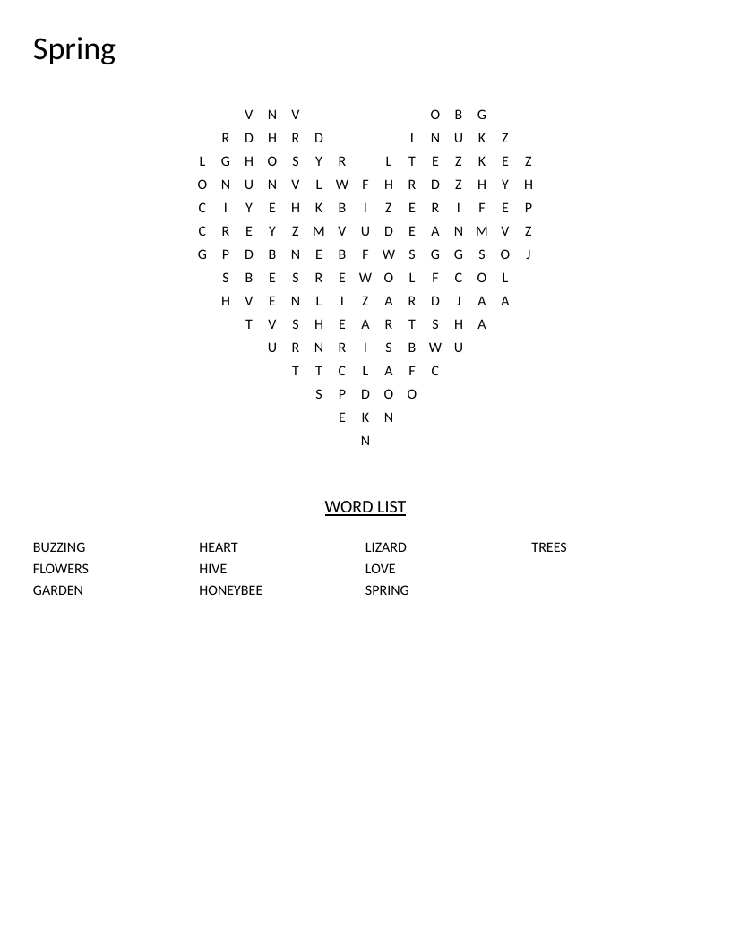Spring word search with heart shape featuring flowers, garden, honeybee, and trees.