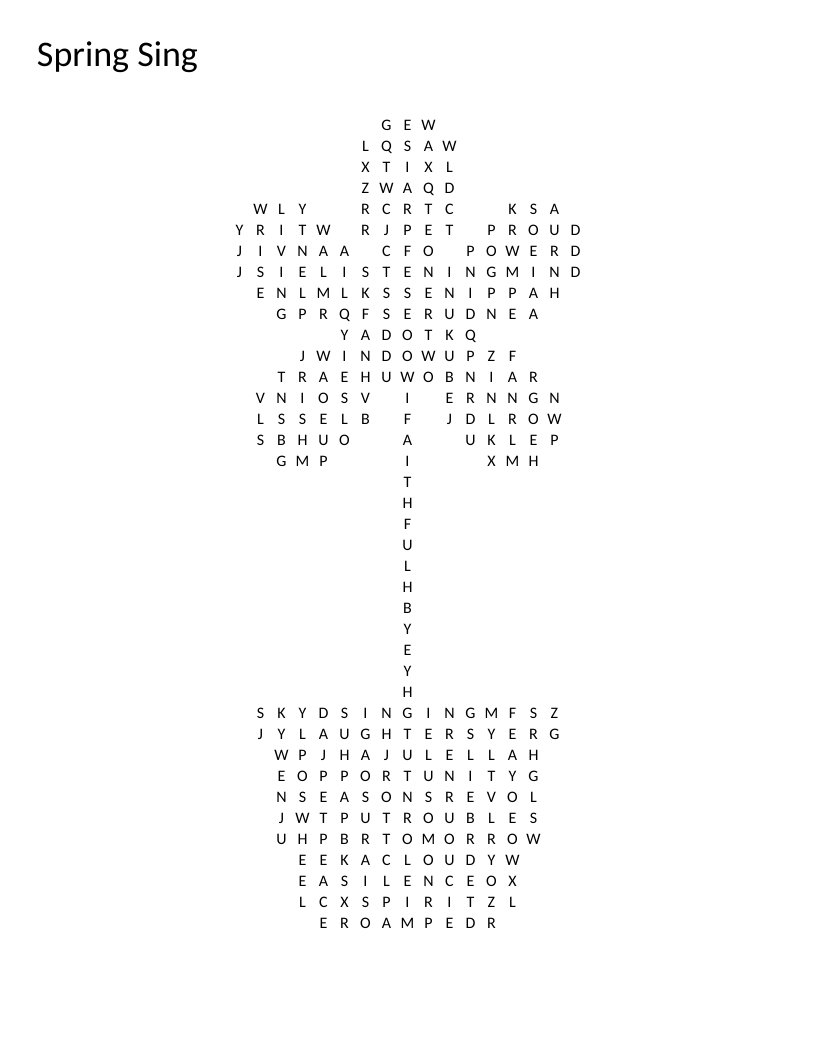 Flower-shaped spring word search with words like rainbow, hallelujah, and seasons.