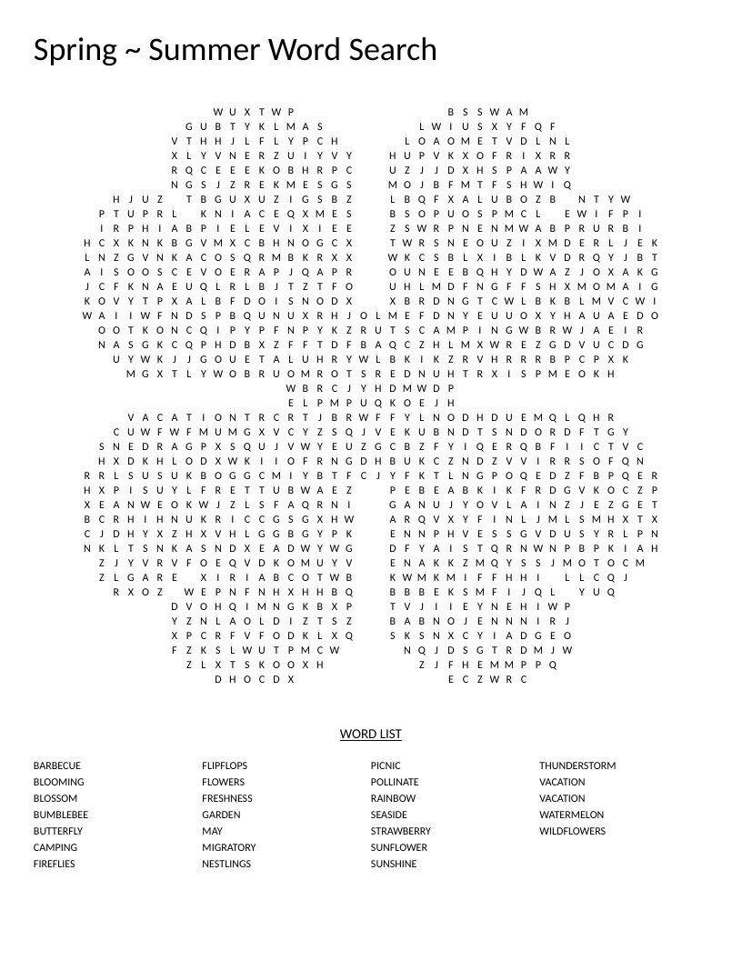Clover-shaped spring and summer word search with words like butterfly, sunflower, and fireflies.