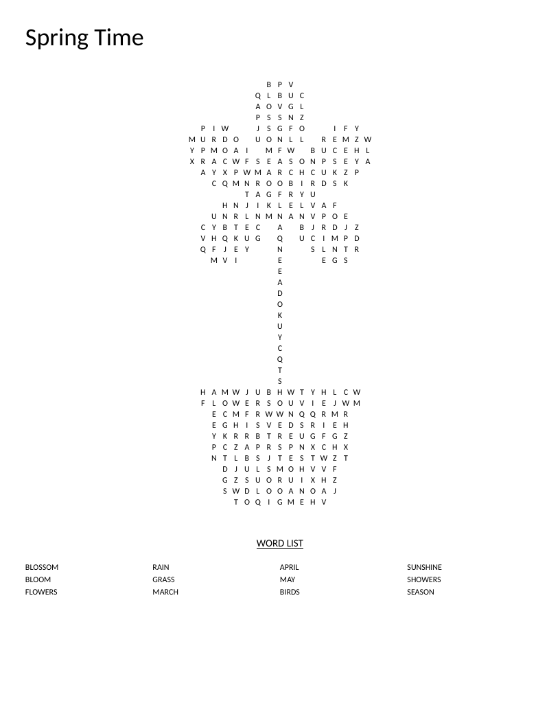 Flower-shaped spring word search with words like blossom, flowers, and showers.