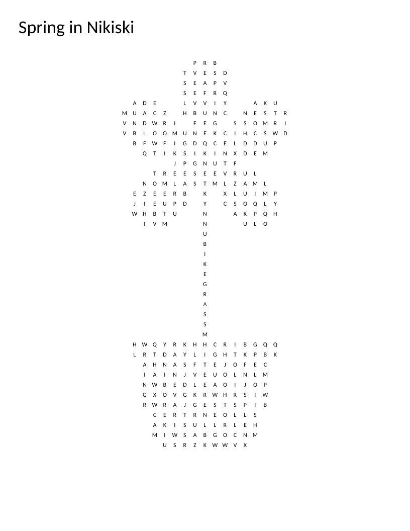 Flower-shaped spring word search set in Nikiski, Alaska, with words like raven, salmon, and birch.